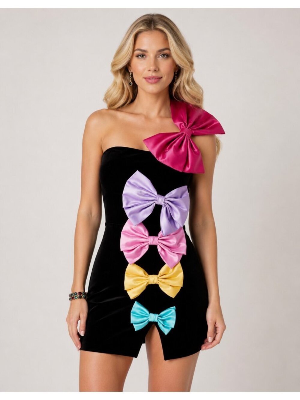 Johnny Wujek Prom Collection Velvet Colourulf Bow Detail Mini Dress L